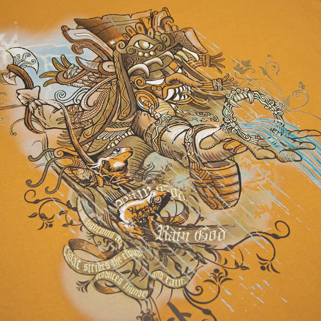 Chaak plano detalle Chaak Polo Para Caballero LOOCH Diseño Maya - Azteca color mostaza