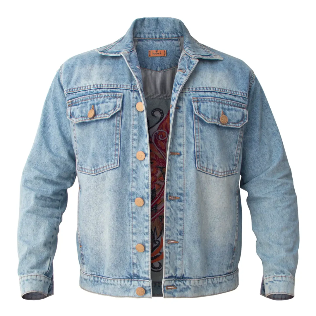 Casaca Celeste Llama frontal Llama Casaca Denim Para Hombre Con Bordado Artesanal LOOCH Celeste