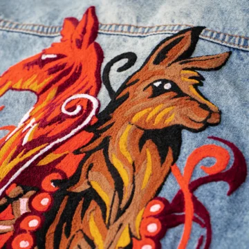 Casaca Celeste Llama plano detalle Llama Casaca Denim Para Hombre Con Bordado Artesanal LOOCH Celeste