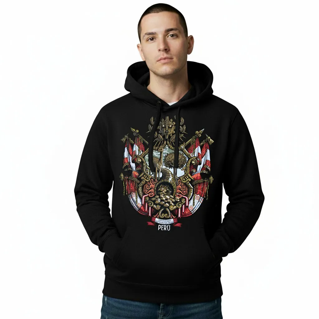 Escudo peruano (recreación) -negro-polera-caballero modelado WEBP Escudo peruano (recreación) -negro-polera-caballero modelado WEBP